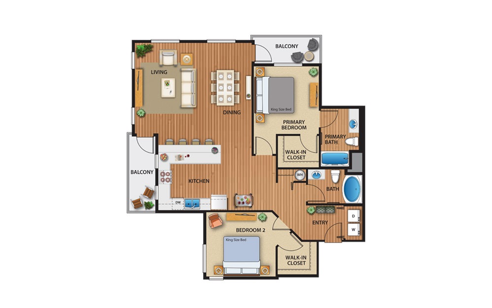 CASCADE - 2 bedroom floorplan layout with 2 baths and 1257 square feet.
