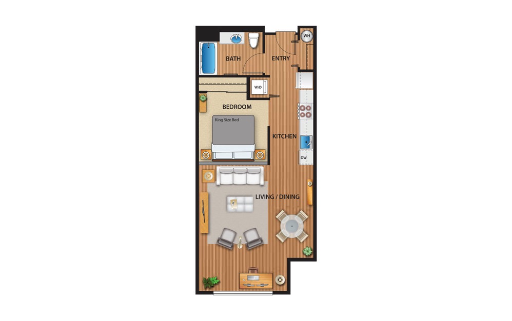 CURRENT - 1 bedroom floorplan layout with 1 bath and 629 to 701 square feet.