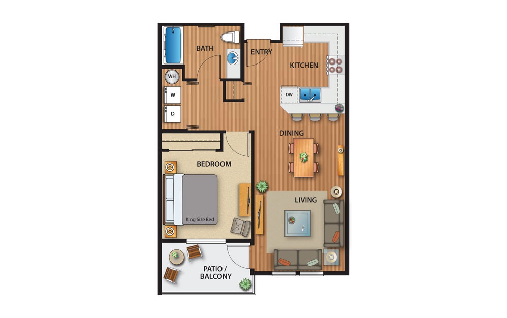 RAPID - 1 bedroom floorplan layout with 1 bath and 689 to 747 square feet.
