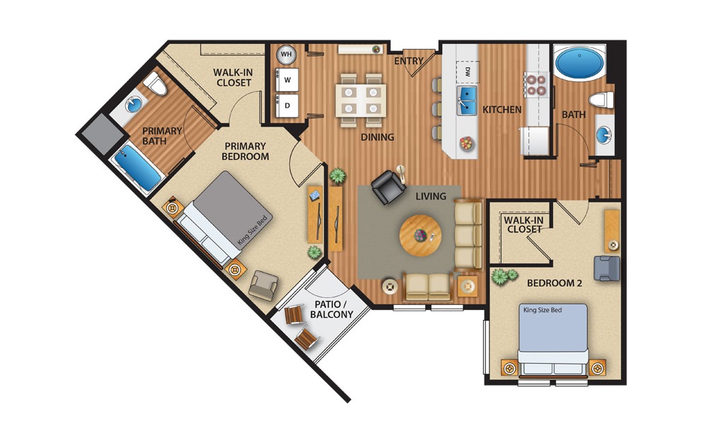 RIVER - 2 bedroom floorplan layout with 2 baths and 1123 square feet.