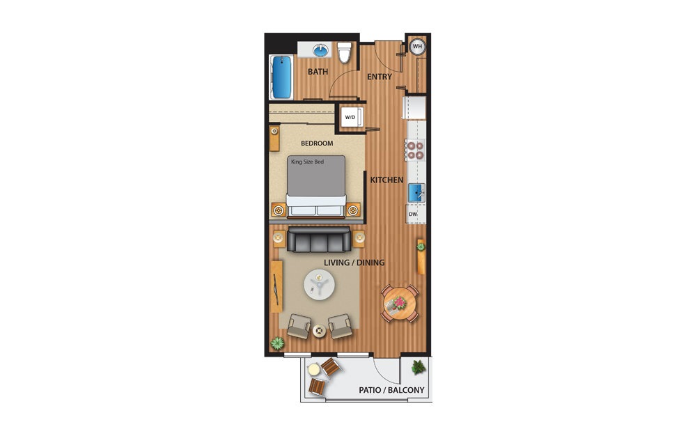 WAVE - 1 bedroom floorplan layout with 1 bath and 609 to 670 square feet.